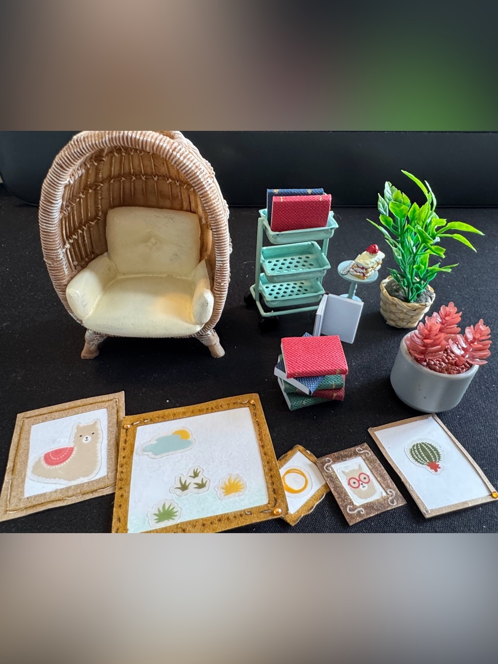 Dollhouse Miniatures Boho Reading Nook Wicker Egg Chair Book Cart Set 1:12